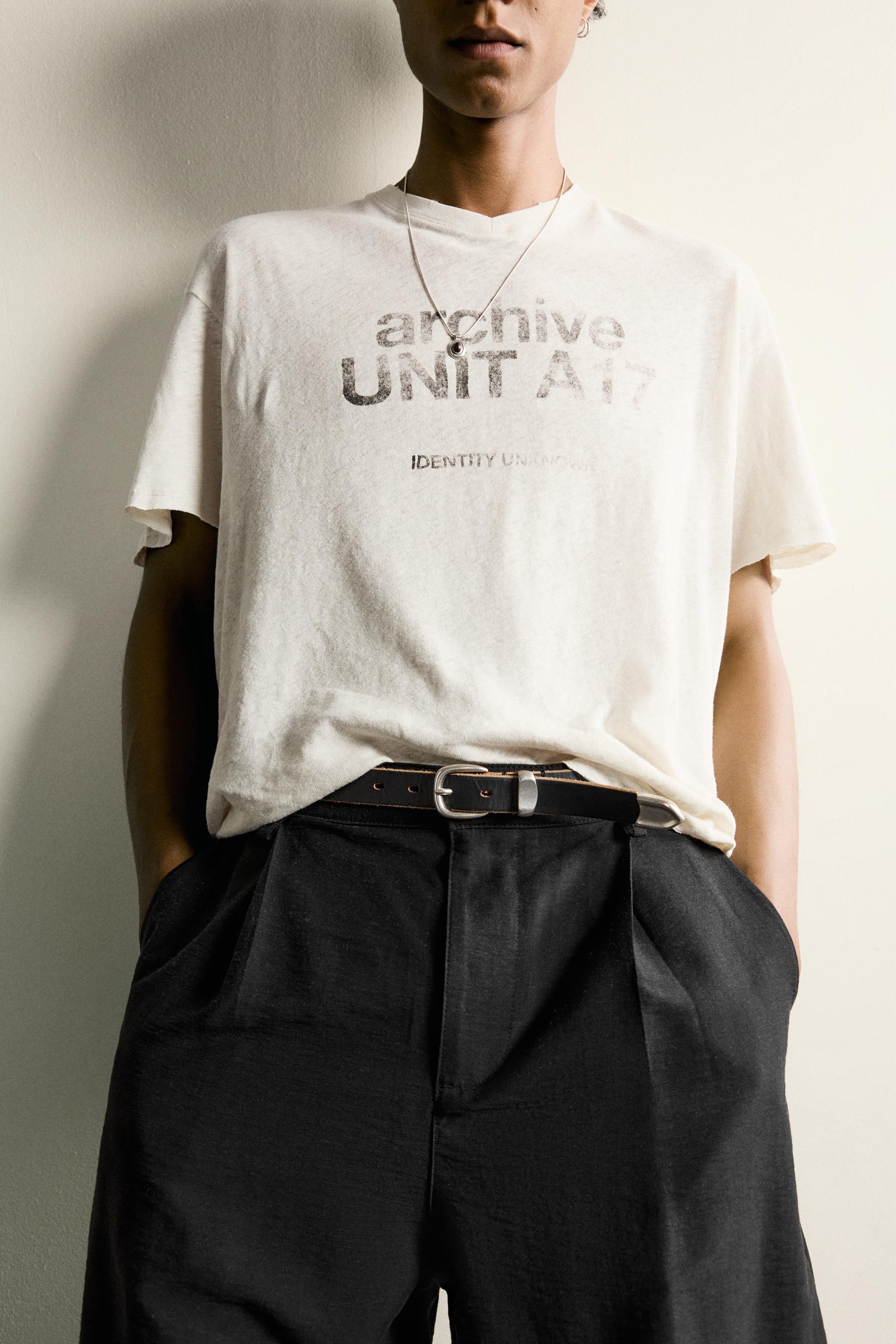 WASHED COTTON-LINEN T-SHIRT WITH TEXT